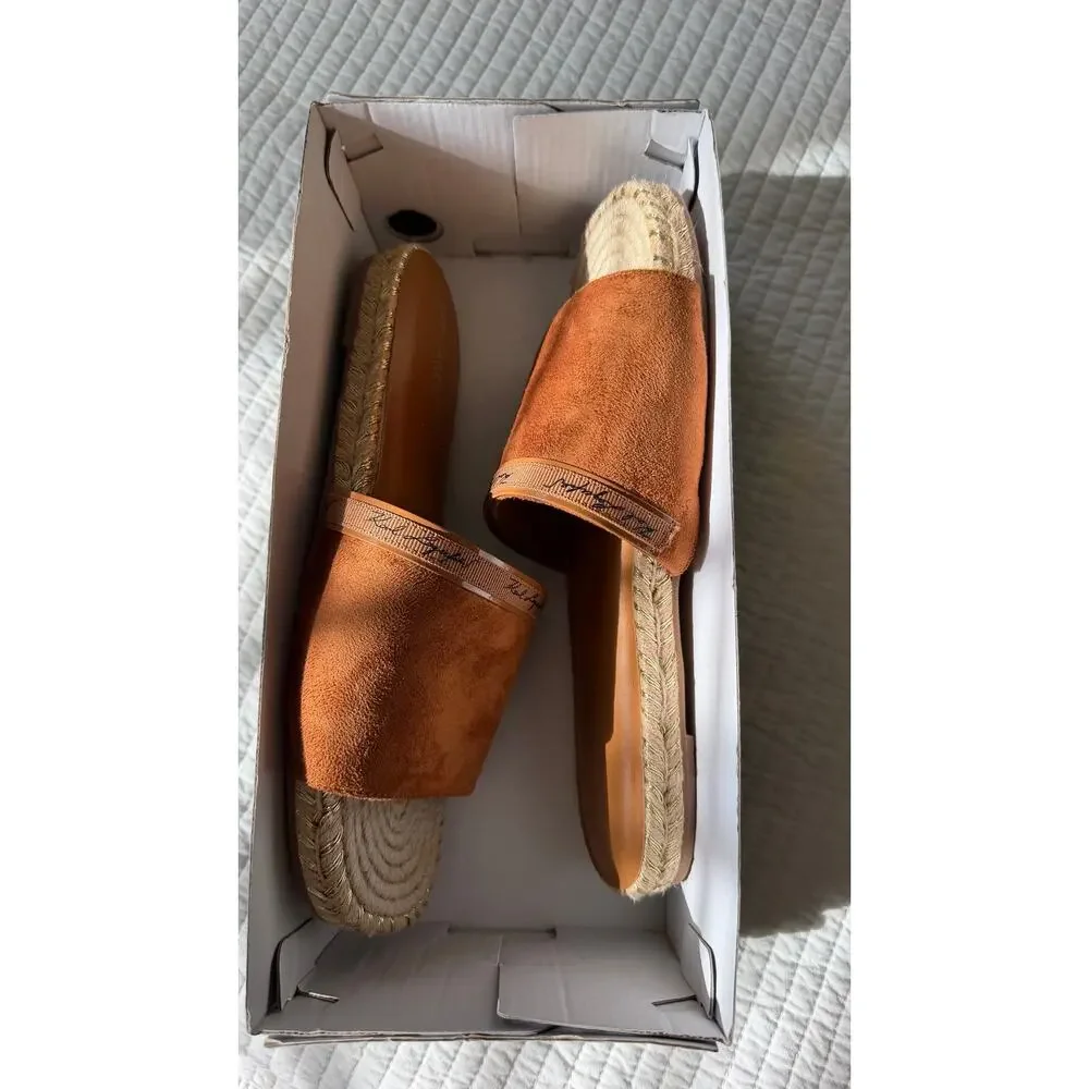 Karl Lagerfeld Paris Espadrille Slide Sandals Brown Logo NEW $119